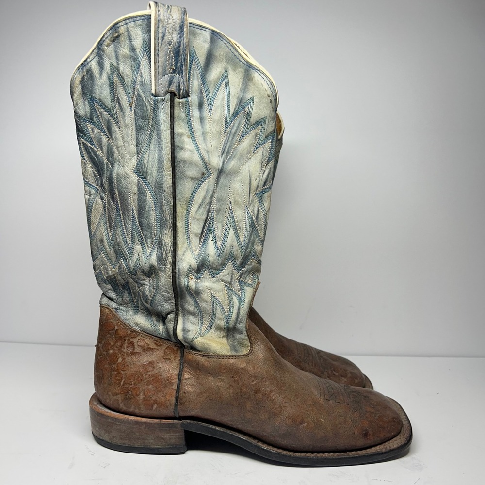 Western Cowboy Boots Brown Blue Leather Square Toe Mens Size 6.5 Distressed